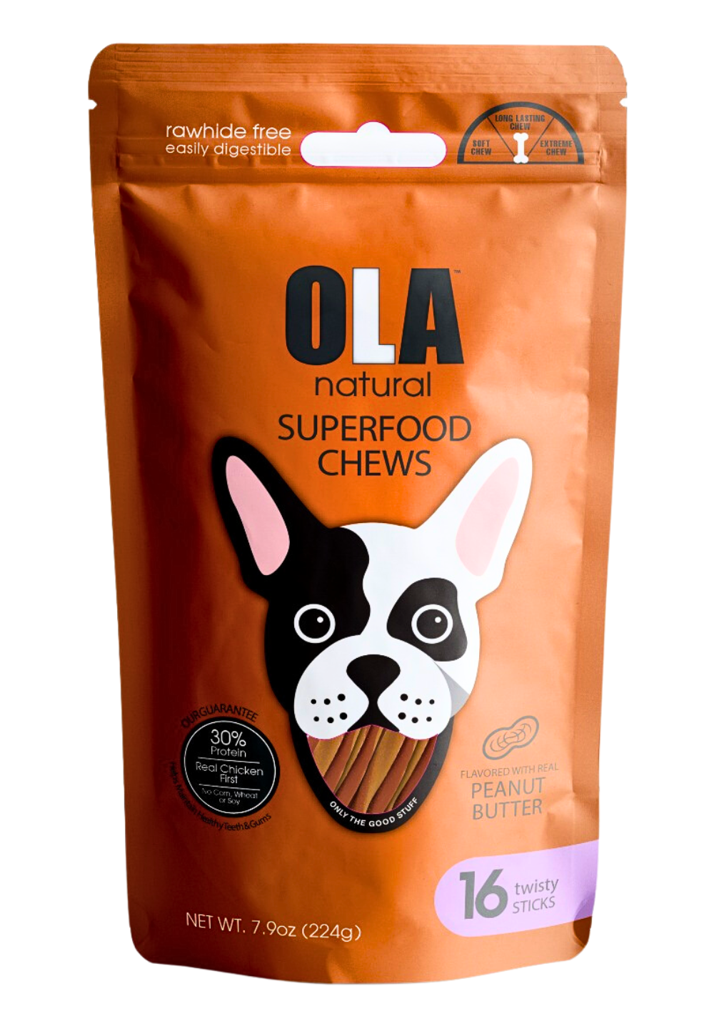 Ola Natural Peanut Butter Dog Treats 16 Twisty Sticks 224 g