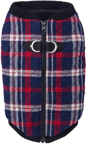 Winter Dog Bomber Vest, Navy Red Plaid Pattern, Zip-Up Design with Dual D-Rings, Quilted Insulation sizes