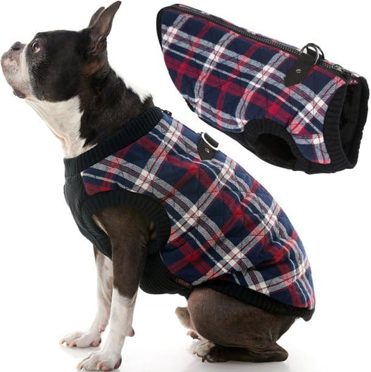 Winter Dog Bomber Vest, Navy Red Plaid Pattern, Zip-Up Design with Dual D-Rings, Quilted Insulation sizes