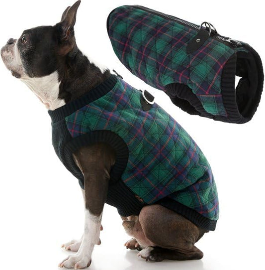 Dog Winter Vest Jacket, Green Plaid Quilted Bomber with D-Ring Leash Attachment.