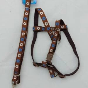 Decorative Dog Harness and Leash Set, Brown with Floral Pattern, Adjustable