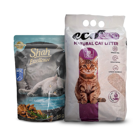 Shah Excellence Wet Food for Cats in Sauce 85g with Cod Fish & Beans + Eco Sand Cat Litter Lavender Scent 10L Bundle Pack
