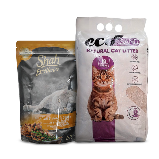 Shah Excellence Cat Food with Chicken & Turkey in Sauce 85g + Eco Sand Cat Litter Lavender Scent 10L Bundle Pack