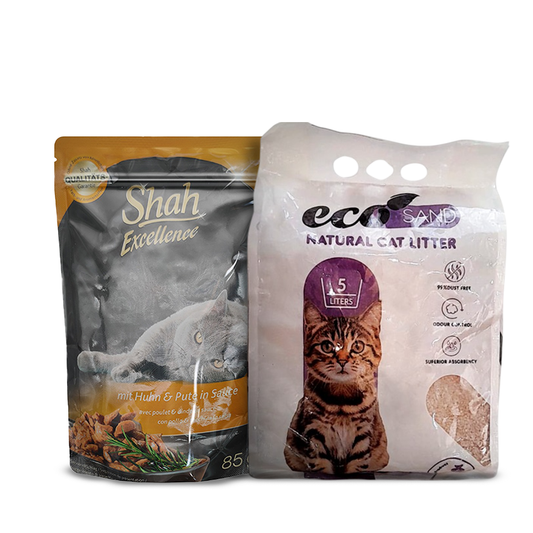 Shah Excellence Cat Food with Chicken & Turkey in Sauce 85g + Eco Sand Cat Litter Lavender Scent 5L Bundle Pack