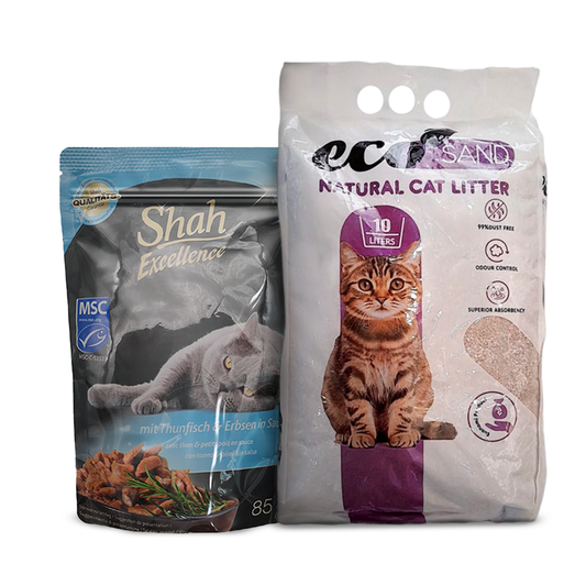 Shah Excellence Wet Food for Cats in Sauce 85g with Tuna & Peas + Eco Sand Cat Litter Lavender Scent 10L Bundle Pack