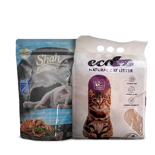 Shah Excellence Wet Food for Cats in Sauce 85g with Tuna & Peas + Eco Sand Cat Litter Lavender Scent 5L Bundle Pack