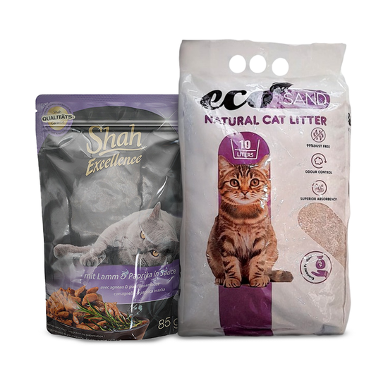 Shah Excellence Wet Food for Cats in Sauce 85g with Lamb & Paprika + Eco Sand Cat Litter Lavender Scent 10L Bundle Pack