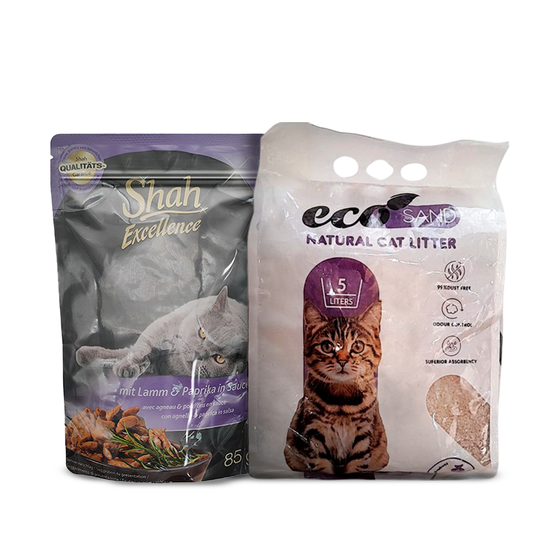 Shah Excellence Wet Food for Cats in Sauce 85g with Lamb & Paprika + Eco Sand Cat Litter Lavender Scent 5L Bundle Pack