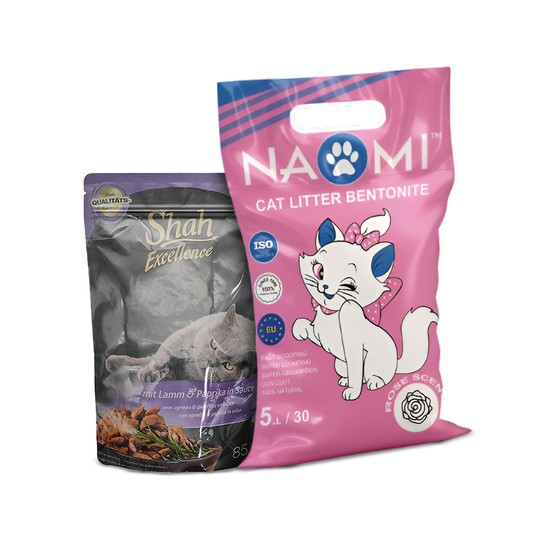 Shah Excellence Wet Food for Cats in Sauce 85g + Naomi Cat Litter Rose Scent Bundle Pack