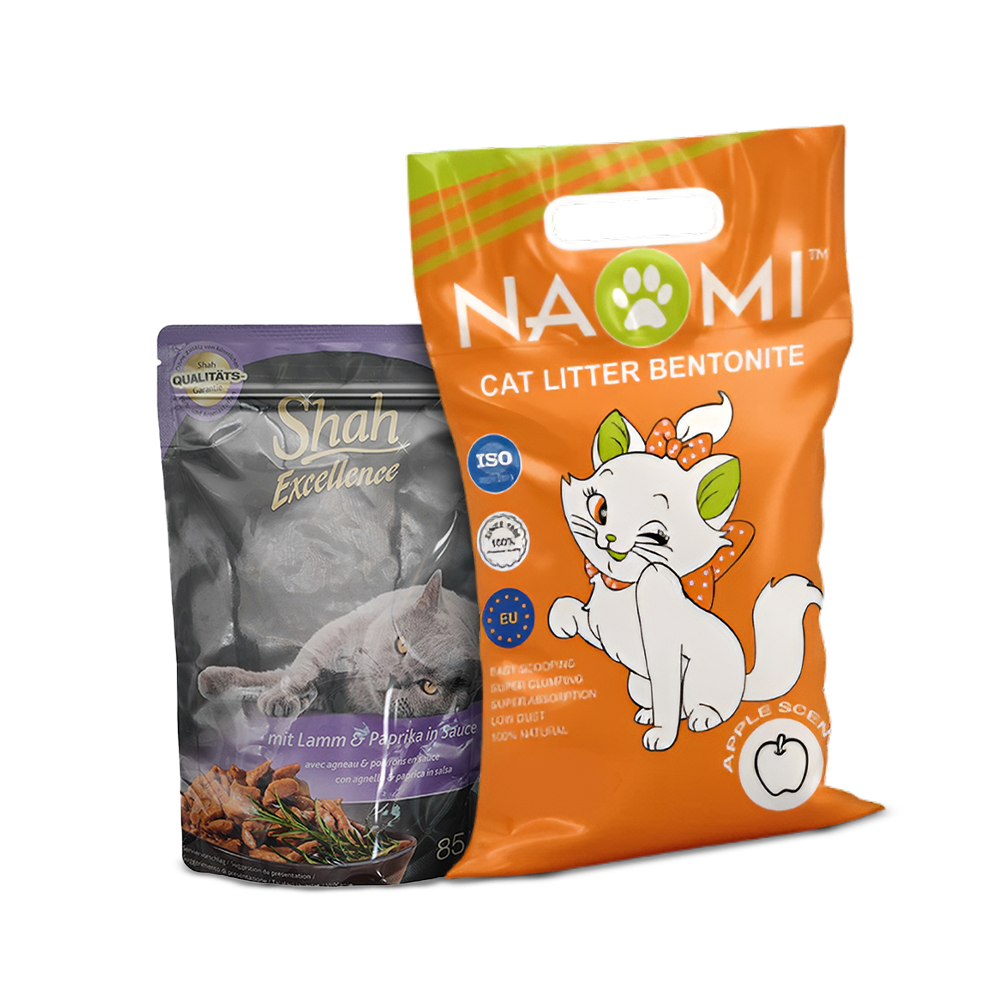 Shah Excellence Wet Food for Cats in Sauce 85g with Lamb & Paprika + Naomi Cat Litter Apple Scent Bundle Pack