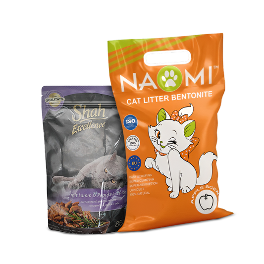 Shah Excellence Wet Food for Cats in Sauce 85g with Lamb & Paprika + Naomi Cat Litter Apple Scent Bundle Pack