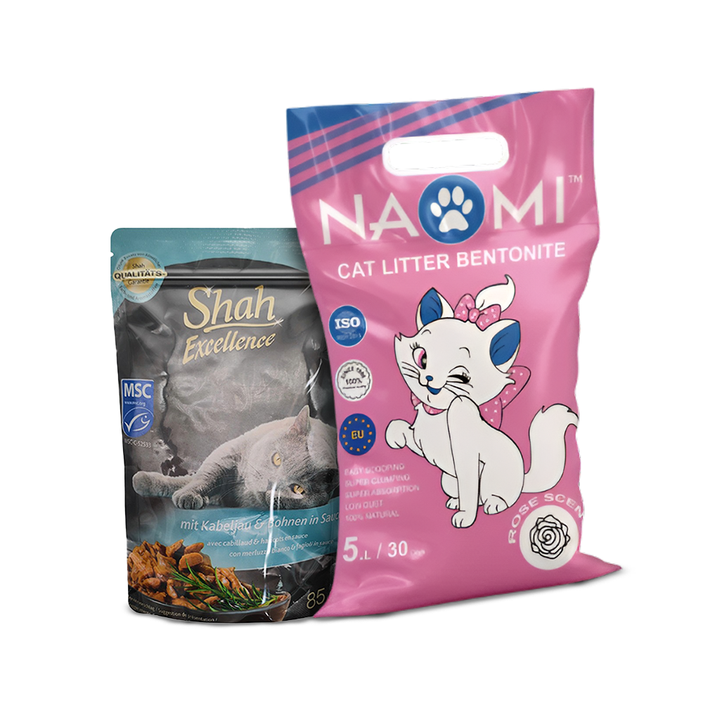 Shah Excellence Wet Food for Cats in Sauce 85g + Naomi Cat Litter Rose Scent Bundle Pack