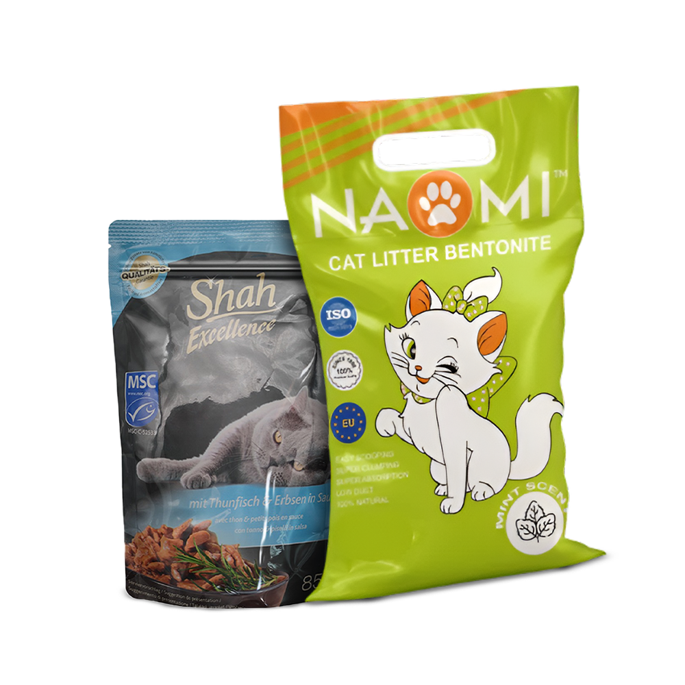 Shah Excellence Wet Food for Cats in Sauce 85g + Naomi Cat Litter Mint Scent Bundle Pack