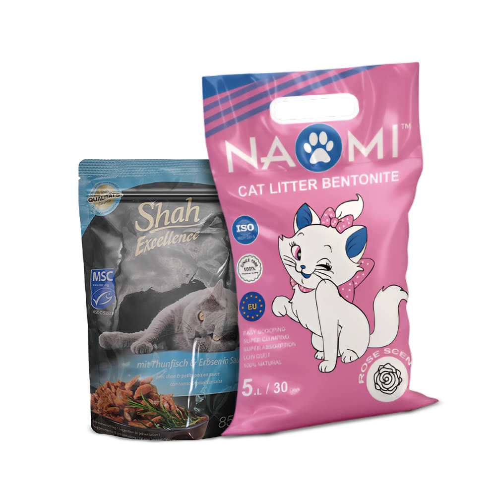 Shah Excellence Wet Food for Cats in Sauce 85g + Naomi Cat Litter Rose Scent Bundle Pack