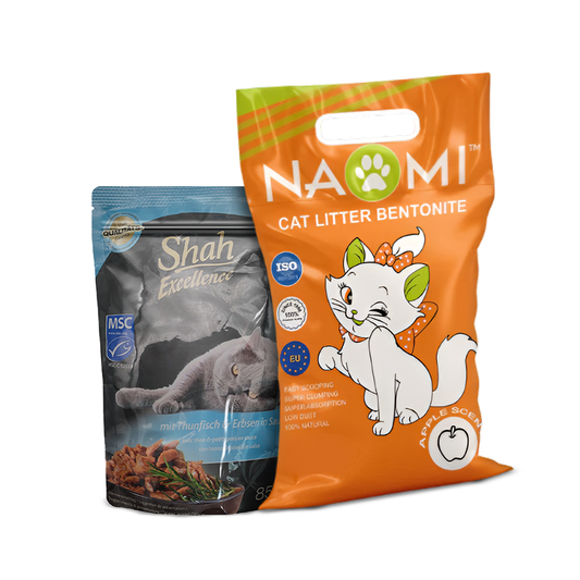 Shah Excellence Wet Food for Cats in Sauce 85g with Tuna & Peas + Naomi Cat Litter Apple Scent 20L Bundle Pack