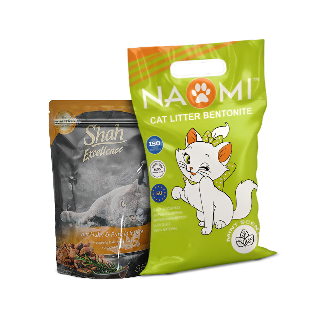 Shah Excellence Wet Food for Cats in Sauce 85g + Naomi Cat Litter Mint Scent Bundle Pack