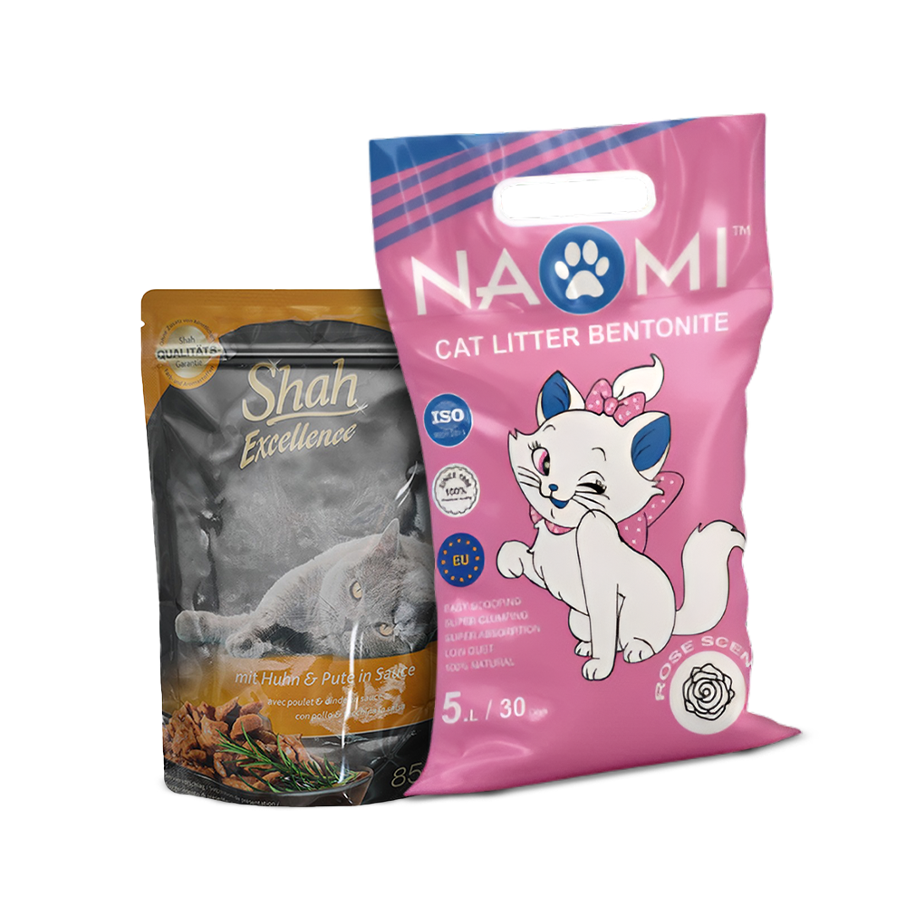 Shah Excellence Wet Food for Cats in Sauce 85g + Naomi Cat Litter Rose Scent Bundle Pack
