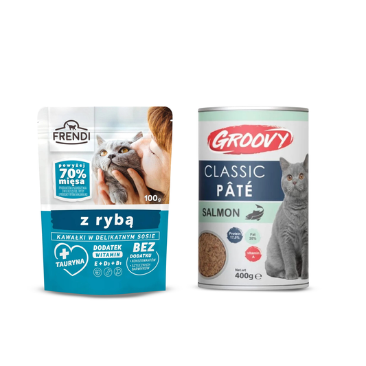 Frendi and Groovy Cat Food bundle Pack, Fish and Salmon Flavours, 100g and 400g