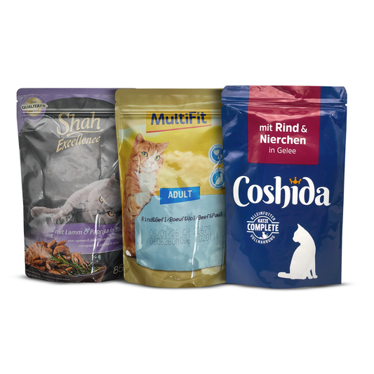 Bundle Pack : MultiFit Adult Cat Jelly Duo Fish & Classic Mix Pouch 100 gm with beef and poultry + coshida beef & kidney pouch + shah lamb & paprika pouch