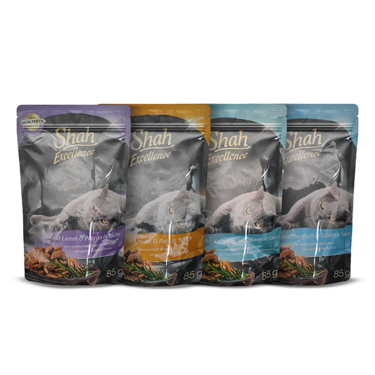 Shah Excellence Premium Cat Food offer Pack, Gourmet Sauce Pouches with Chicken, Cod, Lamb and Tuna, 85g, 4 Flavours