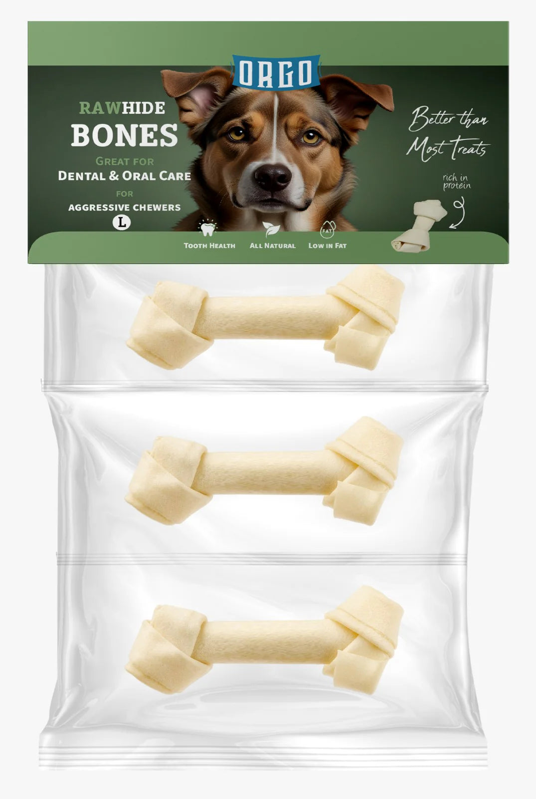 Orgo Rawhide Bones For Dog Dental Oral Care 3 PC M