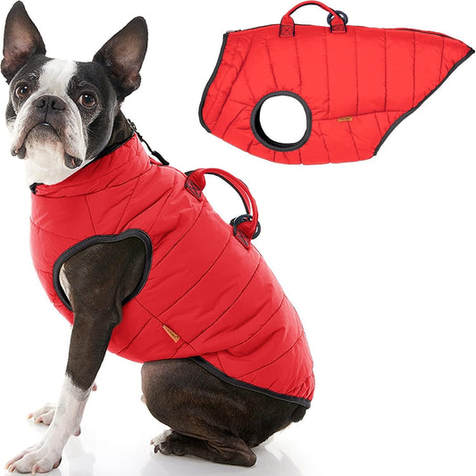 Quilted Dog Jacket with Lift Handle, Padded Winter Vest, Red, Sizes