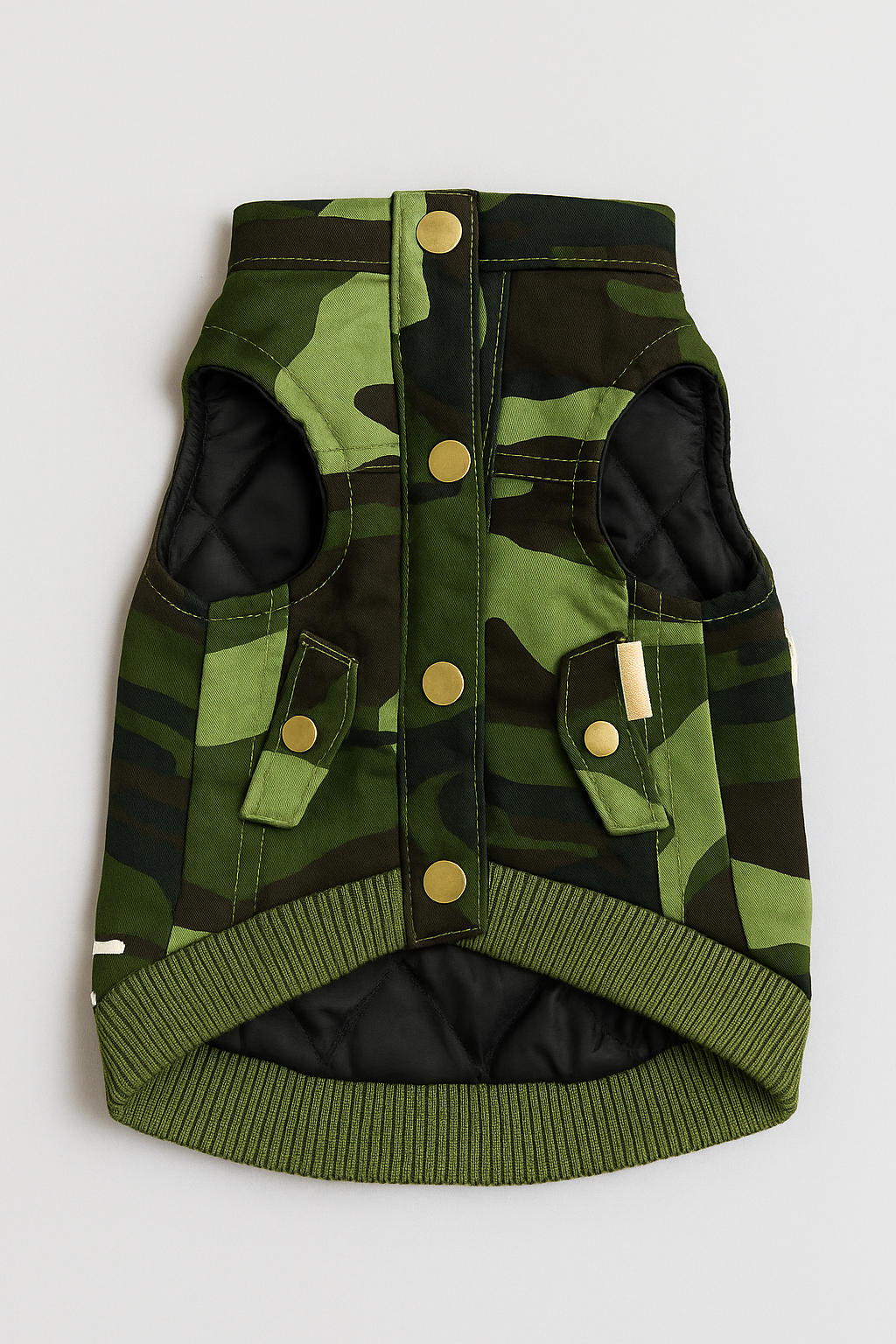 Military Style Dog Vest, Camouflage Winter Jacket with Snap Buttons, Green.