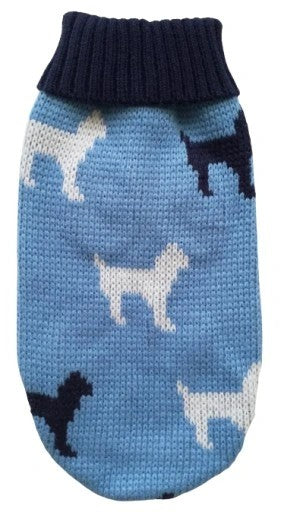 Knitted Dog Sweater, Blue with Navy Pattern, 30cm Back Length, Winter Pet Jumper size medium