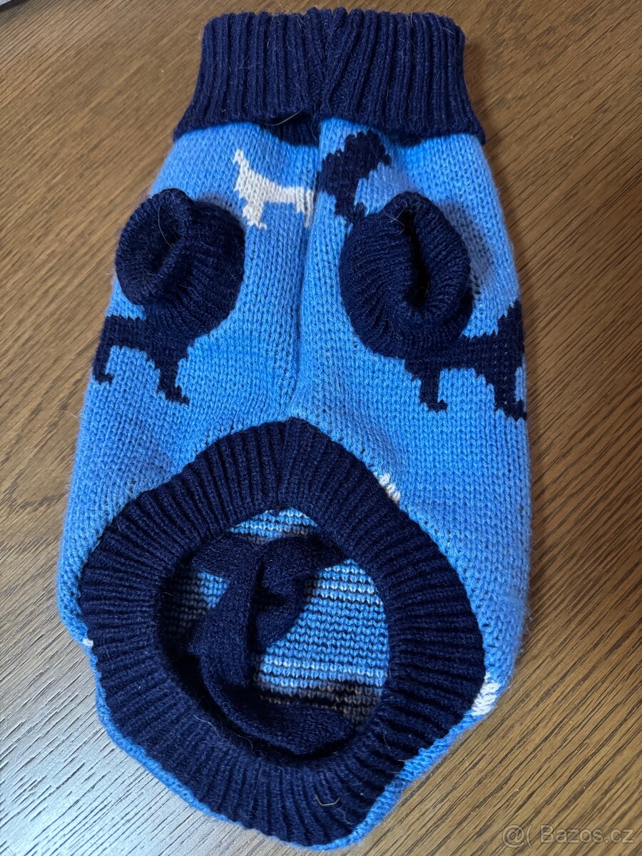 Knitted Dog Sweater, Blue with Navy Pattern, 30cm Back Length, Winter Pet Jumper size medium