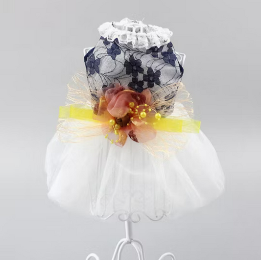 Elegant Dog Dress with Lace Overlay, Navy Blue Floral Design, White Tulle Skirt