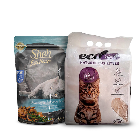 Shah Excellence Wet Food for Cats in Sauce 85g with Cod Fish & Beans + Eco Sand Cat Litter Lavender Scent 5L Bundle Pack