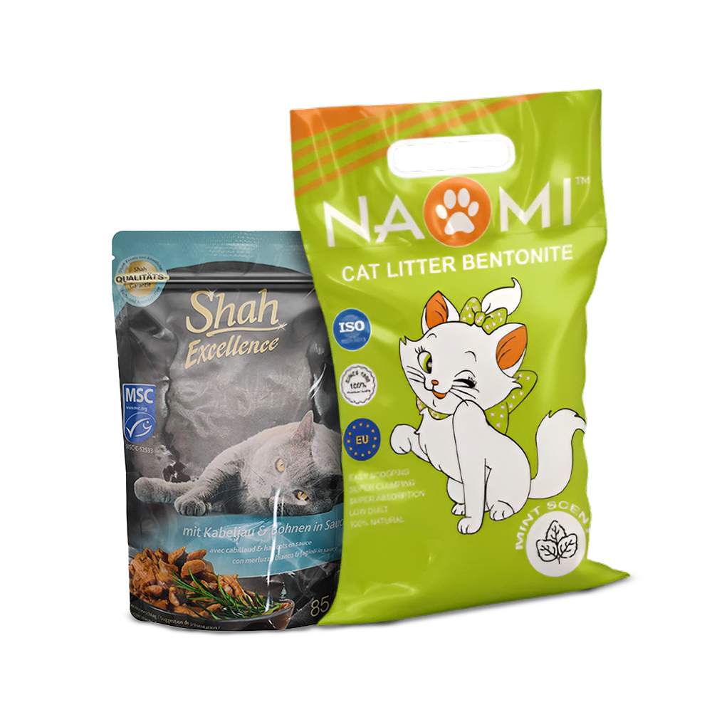 Shah Excellence Wet Food for Cats in Sauce 85g + Naomi Cat Litter Mint Scent Bundle Pack