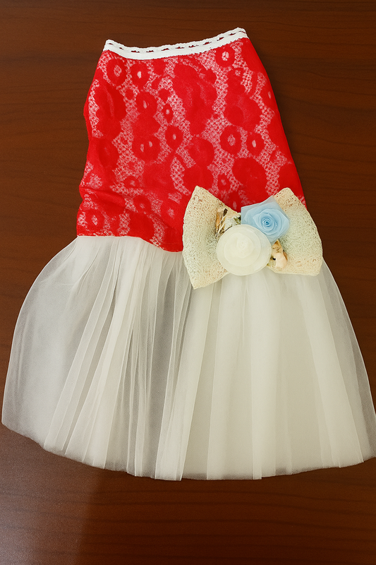 Princess Style Dog Dress, White Tulle with Floral Appliques, Special Occasion Pet Apparel, large Size