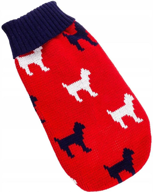 Dog Sweater with Puppy Pattern, Red and Navy, 35cm Back Length, Fits 40-50cm Chest large size